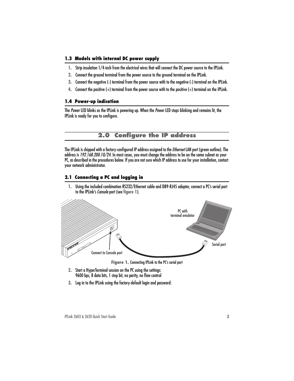 3 models with internal dc power supply, 4 power-up indication, 0 configure the ip address | 1 connecting a pc and logging in | Patton electronic 2603 User Manual | Page 3 / 8
