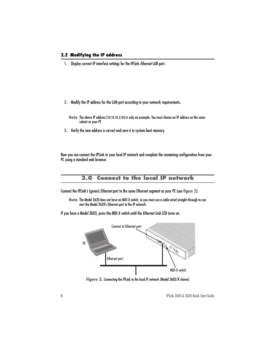 2 modifying the ip address, 0 connect to the local ip network | Patton electronic 2603 User Manual | Page 4 / 8