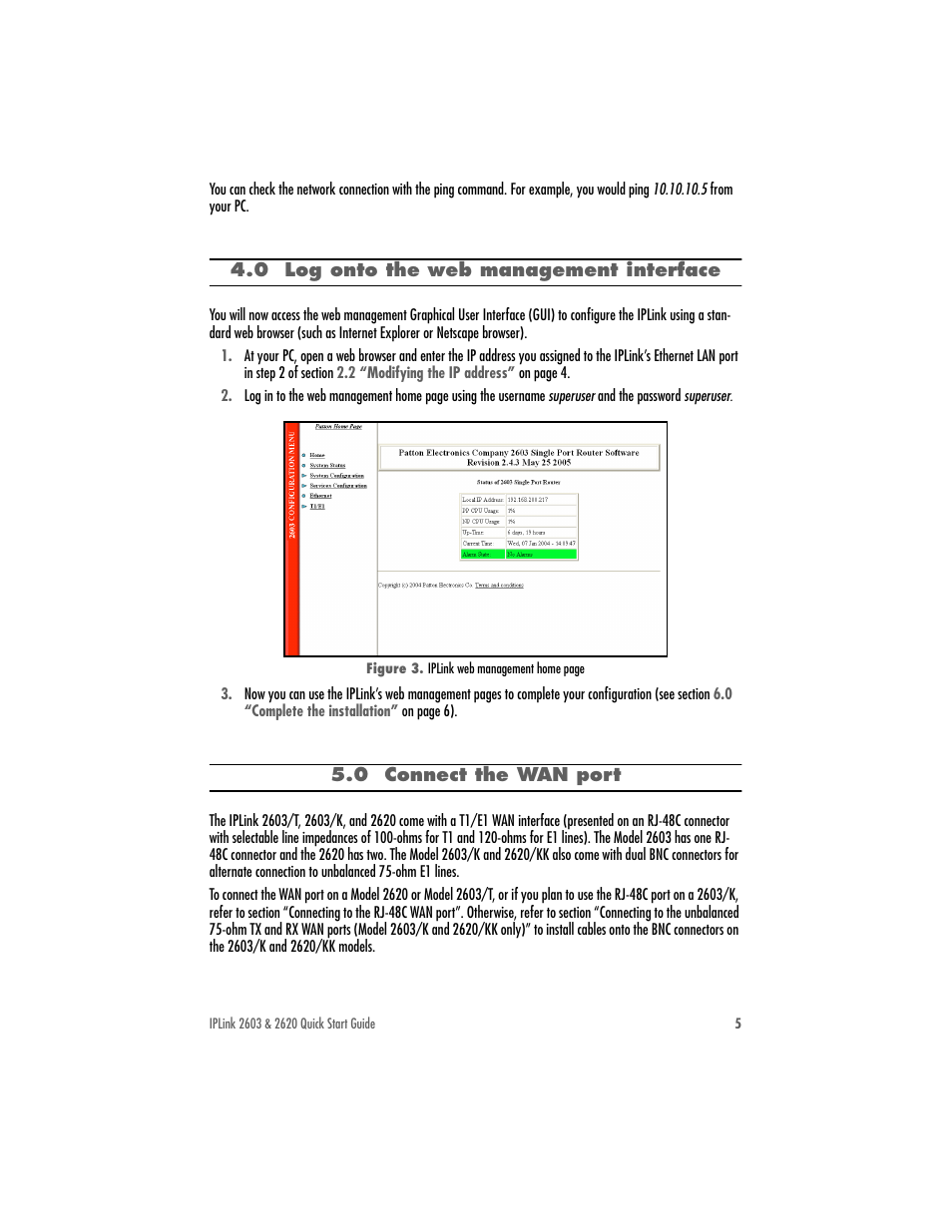 0 log onto the web management interface, 0 connect the wan port | Patton electronic 2603 User Manual | Page 5 / 8