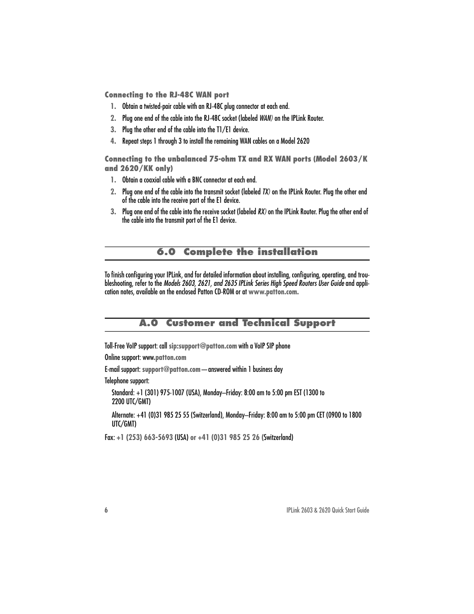 Connecting to the rj-48c wan port, 0 complete the installation, Complete the installation | Patton electronic 2603 User Manual | Page 6 / 8