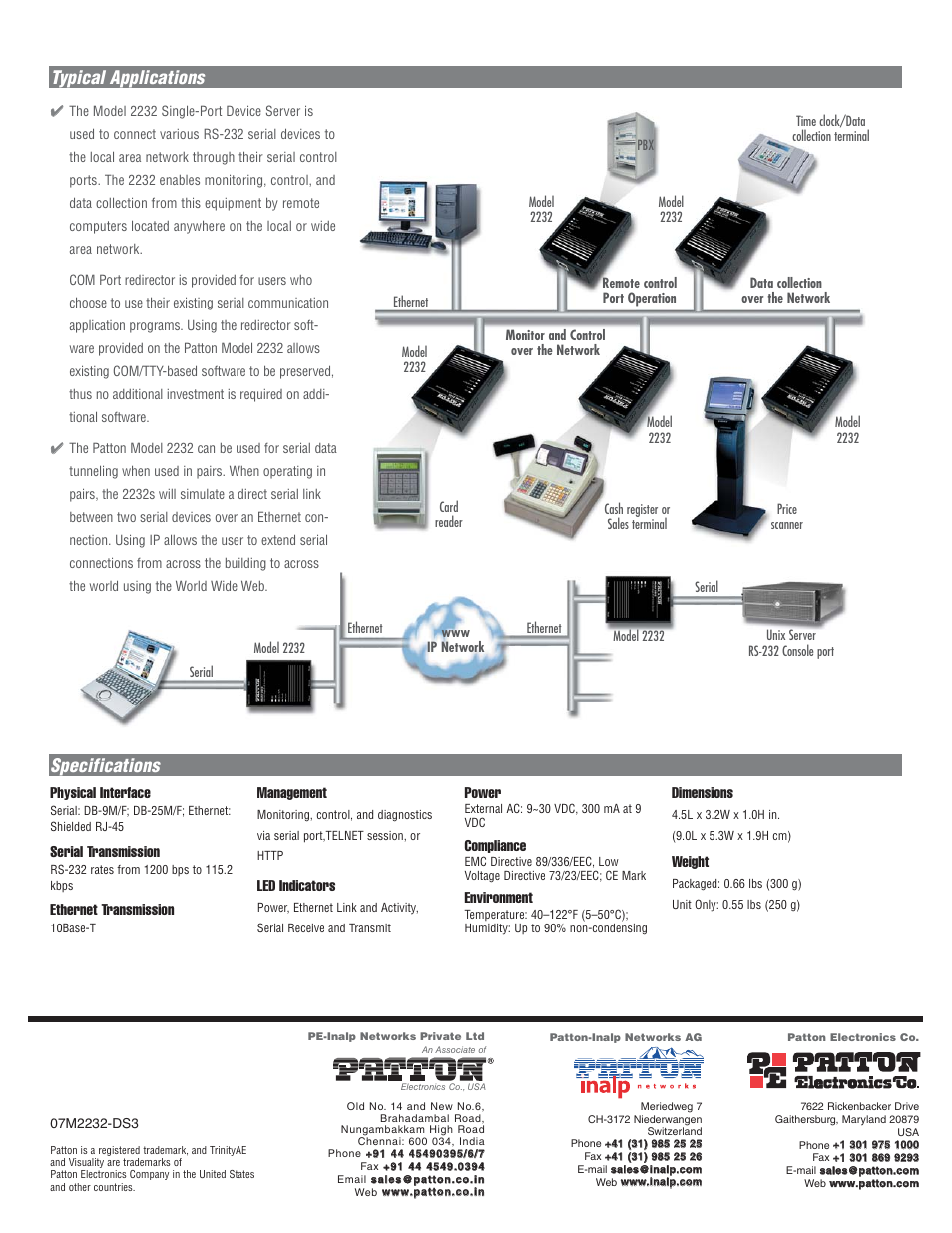 Specifications typical applications, Physical interface, Serial transmission | Ethernet transmission, Management, Led indicators, Power, Compliance, Environment, Dimensions | Patton electronic Patton EtherBITS 2232 User Manual | Page 2 / 2