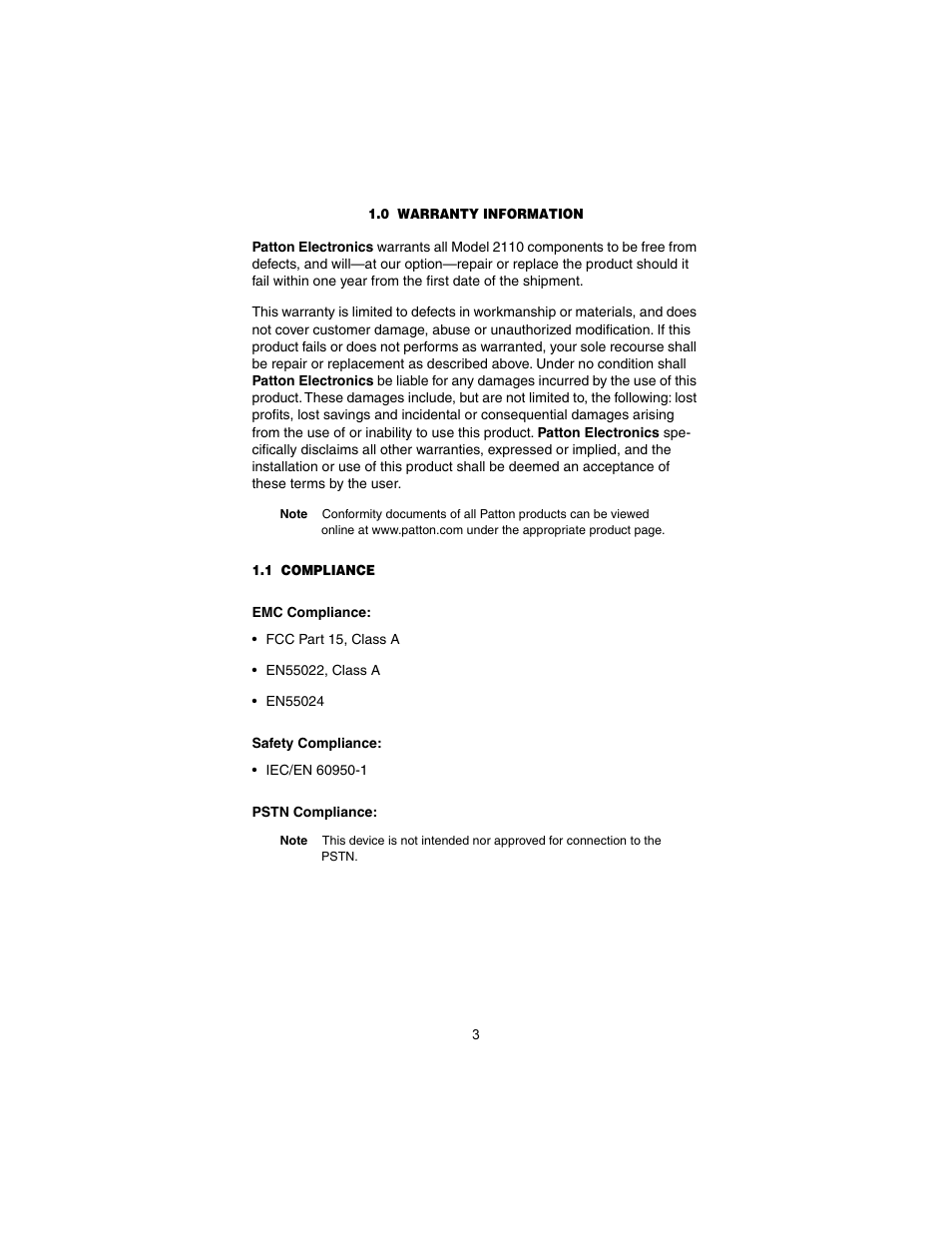 0 warranty information, 1 compliance, Emc compliance | Safety compliance, Pstn compliance, Warranty information, Compliance, Emc compliance: safety compliance: pstn compliance | Patton electronic CopperLink Ethernet Booster 2110 User Manual | Page 3 / 12