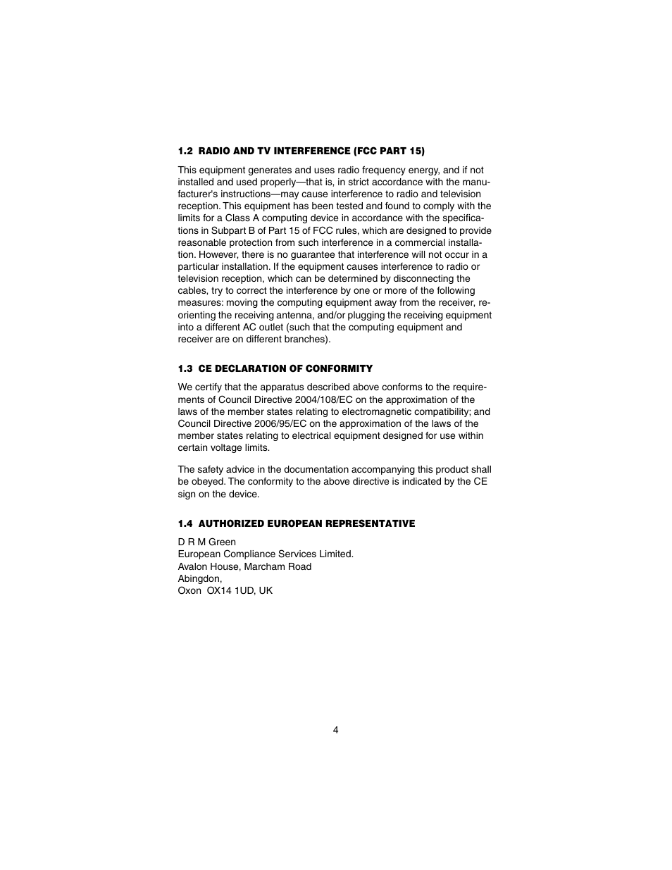 2 radio and tv interference (fcc part 15), 3 ce declaration of conformity, 4 authorized european representative | Radio and tv interference (fcc part 15), Ce declaration of conformity, Authorized european representative | Patton electronic CopperLink Ethernet Booster 2110 User Manual | Page 4 / 12