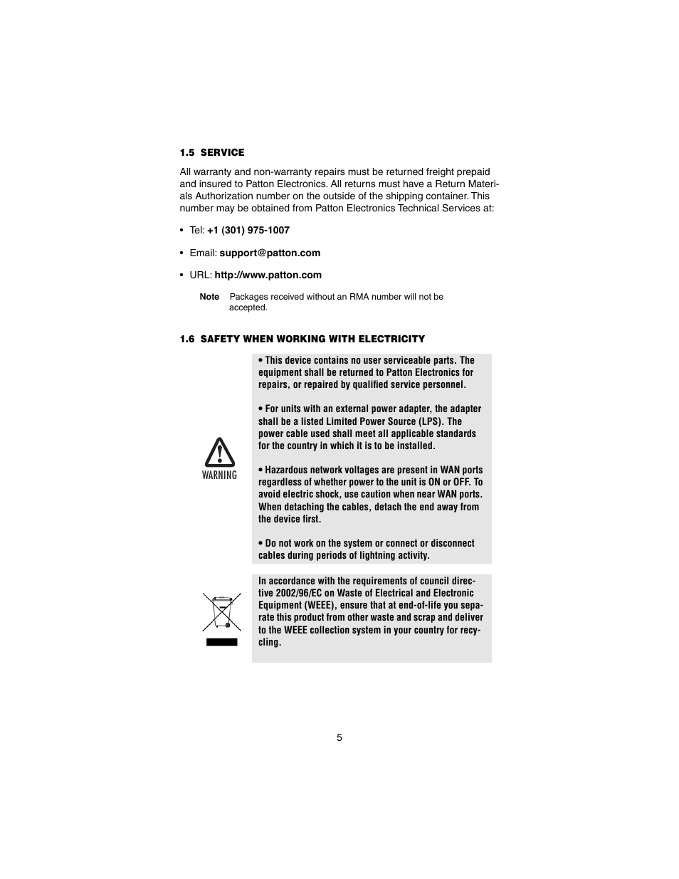 5 service, 6 safety when working with electricity, Service | Safety when working with electricity | Patton electronic CopperLink Ethernet Booster 2110 User Manual | Page 5 / 12