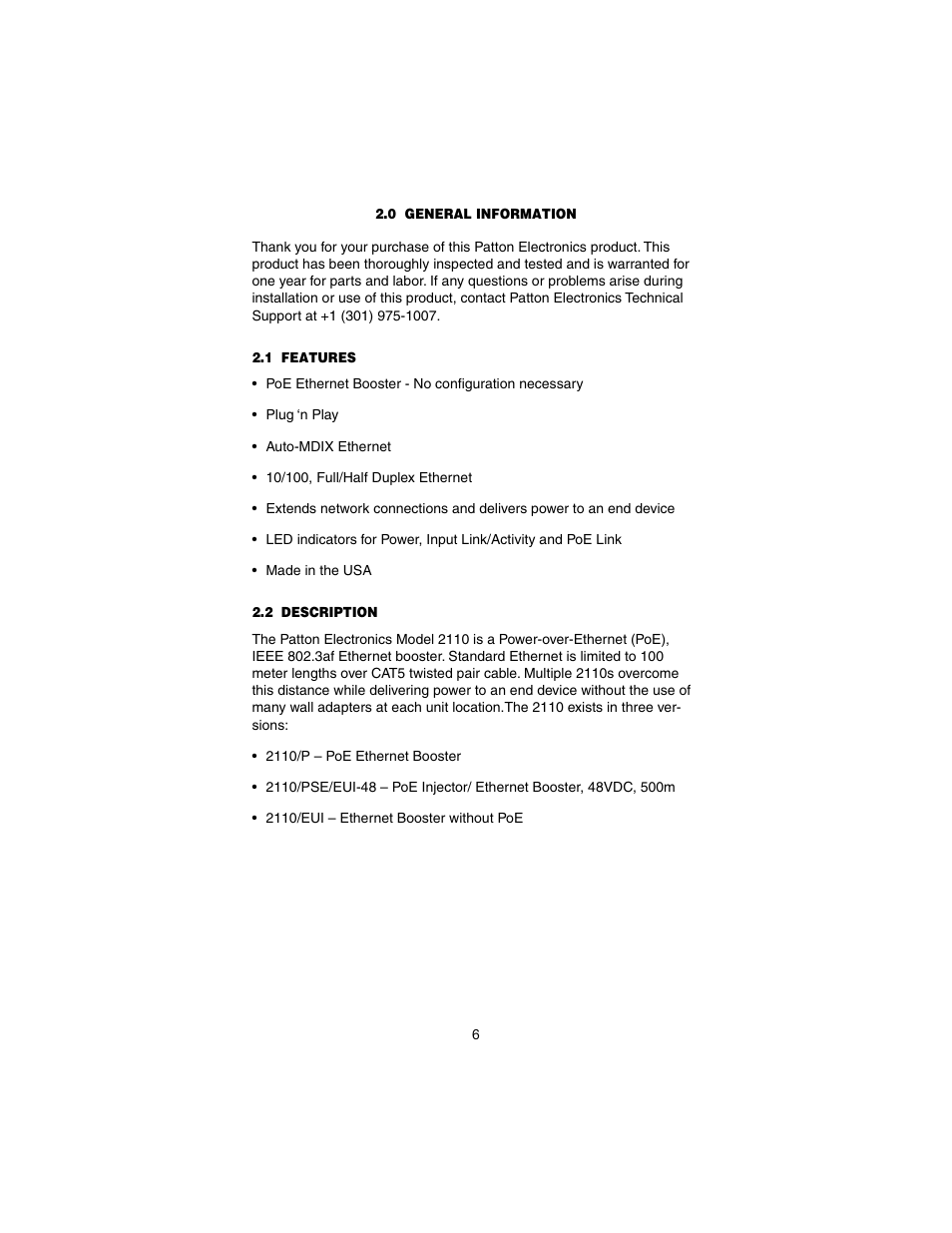 0 general information, 1 features, 2 description | General information, Features, Description | Patton electronic CopperLink Ethernet Booster 2110 User Manual | Page 6 / 12