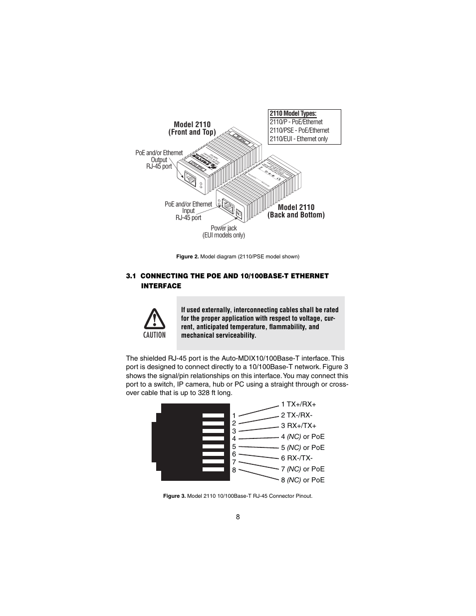 Er to section 3.1, “connecting the, Caution | Patton electronic CopperLink Ethernet Booster 2110 User Manual | Page 8 / 12