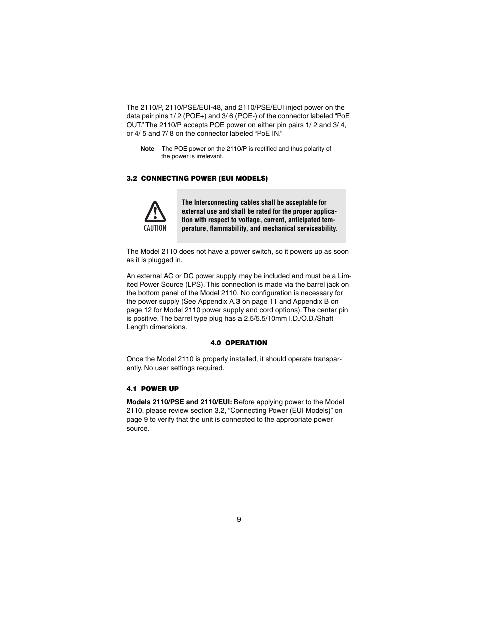 2 connecting power (eui models), 0 operation, 1 power up | Connecting power (eui models), Operation, Power up, Er to section 3.2, “con | Patton electronic CopperLink Ethernet Booster 2110 User Manual | Page 9 / 12