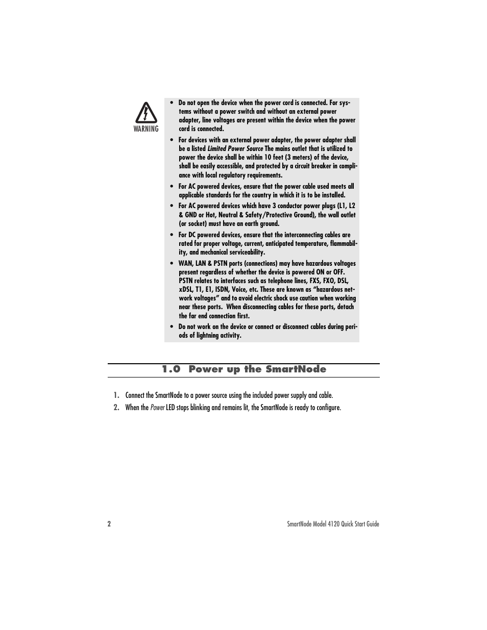 0 power up the smartnode | Patton electronic SMARTNODE 4120 User Manual | Page 2 / 8