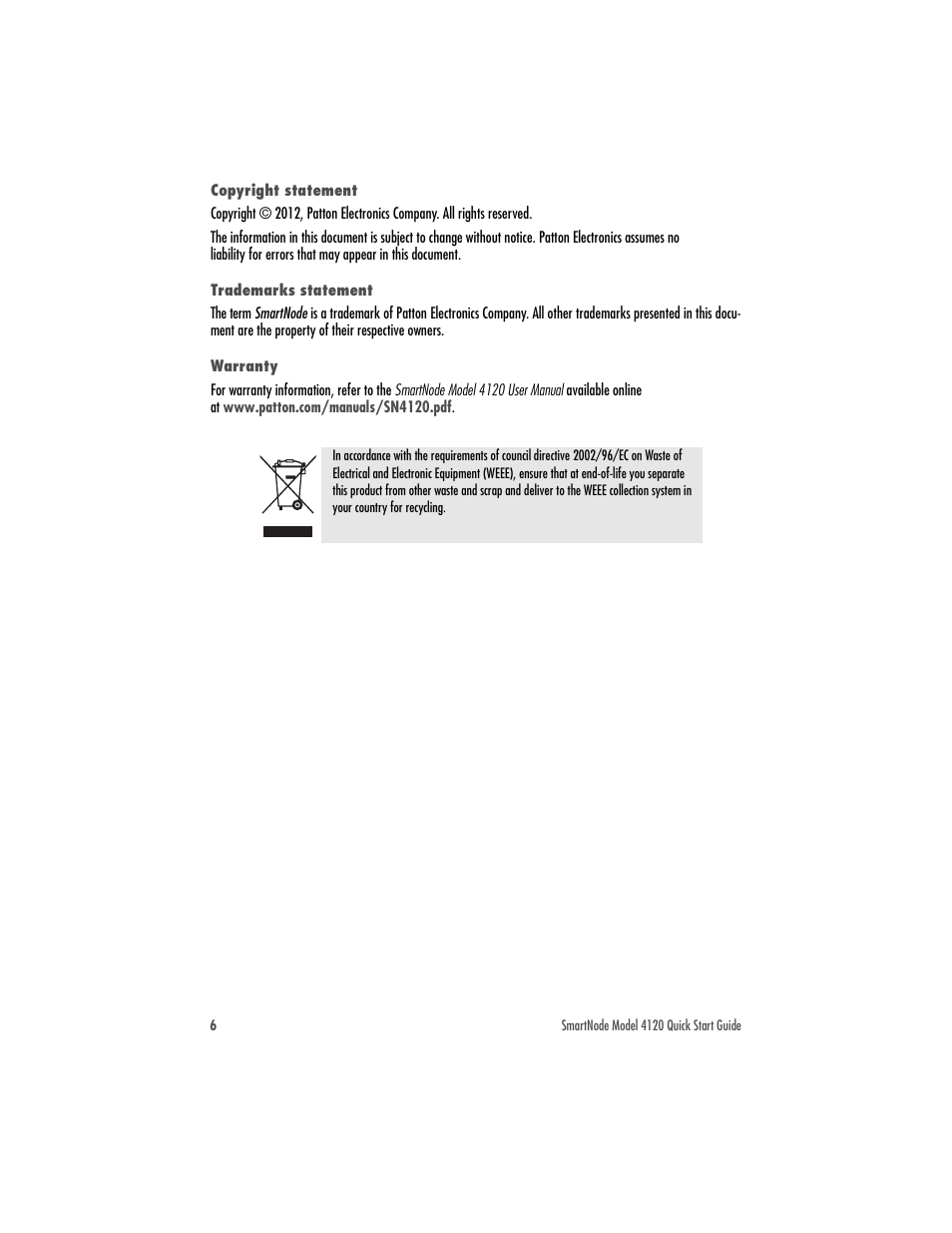 Copyright statement, Trademarks statement, Warranty | Patton electronic SMARTNODE 4120 User Manual | Page 6 / 8