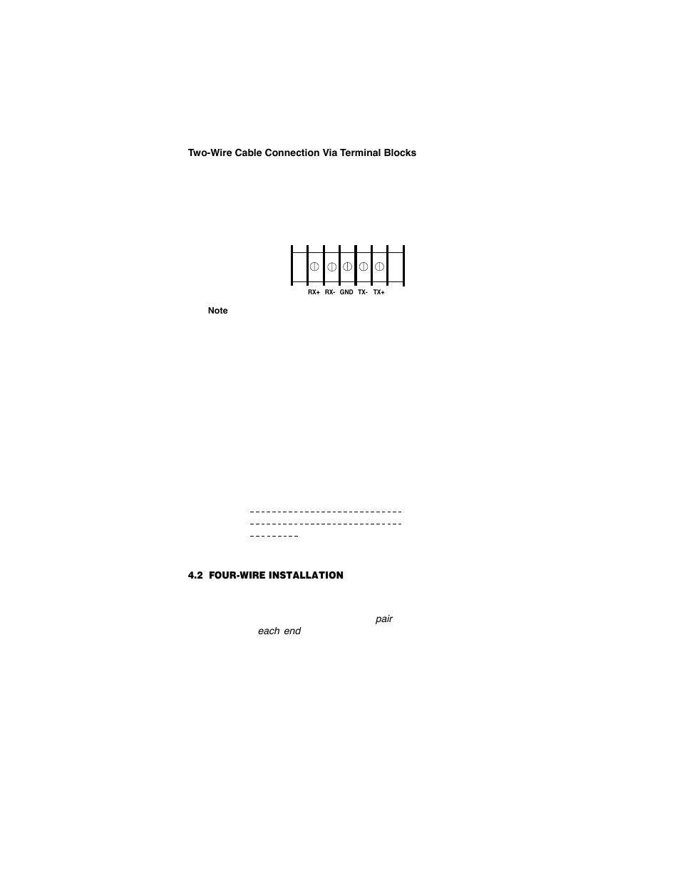 Two-wire cable connection via terminal blocks, 2 four-wire installation, Four-wire installation | Patton electronic 1080A-64 User Manual | Page 17 / 32