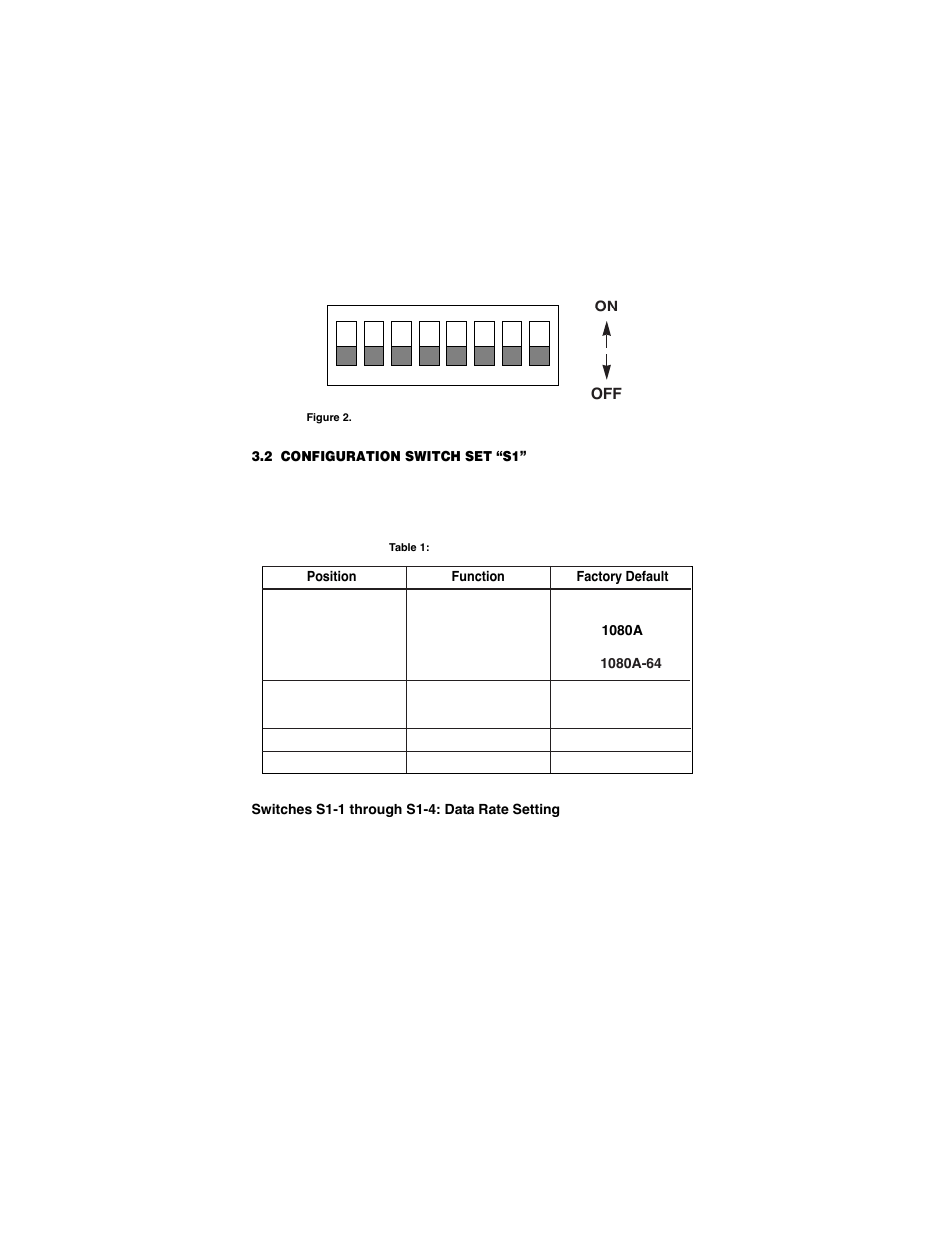 2 configuration switch set “s1, Switches s1-1 through s1-4: data rate setting, Configuration switch set “s1 | Patton electronic 1080A-64 User Manual | Page 8 / 32