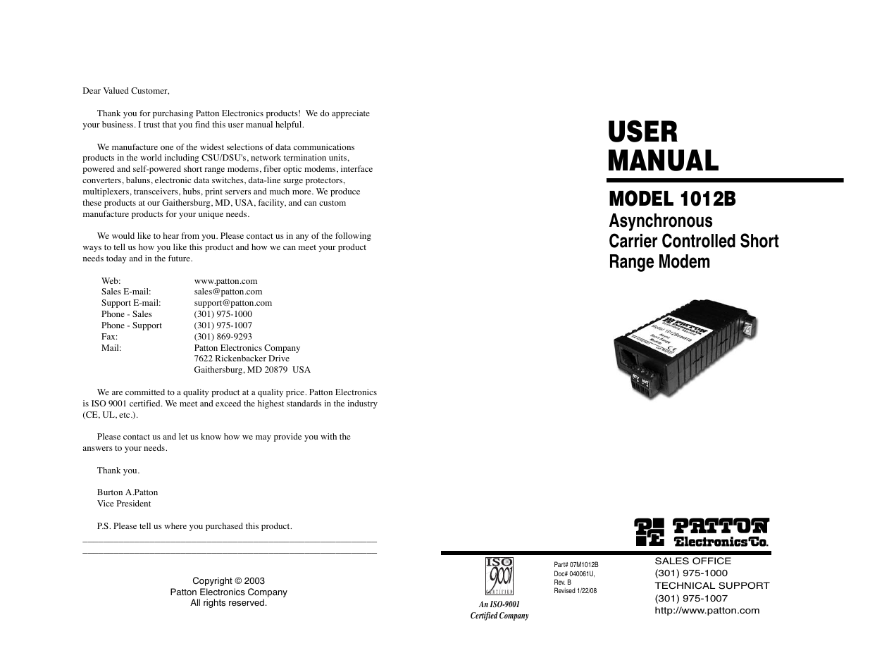 Patton electronic 1012B User Manual | 16 pages