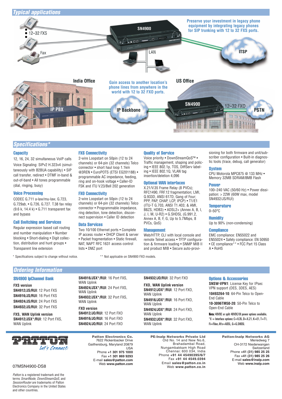 Ordering information specifications, Typical applications | Patton electronic 4900 Series User Manual | Page 2 / 2