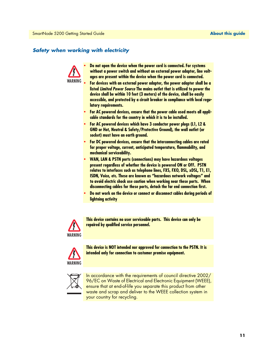 Safety when working with electricity | Patton electronic SmartNode 5200 User Manual | Page 11 / 50