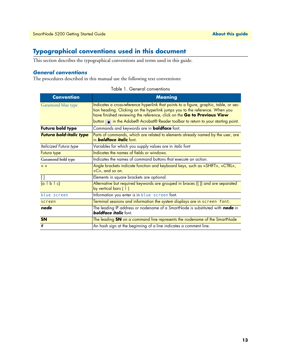 Typographical conventions used in this document, General conventions | Patton electronic SmartNode 5200 User Manual | Page 13 / 50