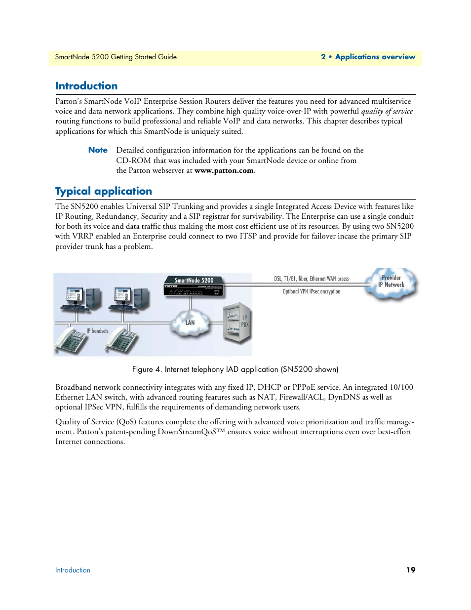 Introduction, Typical application, Internet telephony iad application (sn5200 shown) | Patton electronic SmartNode 5200 User Manual | Page 19 / 50