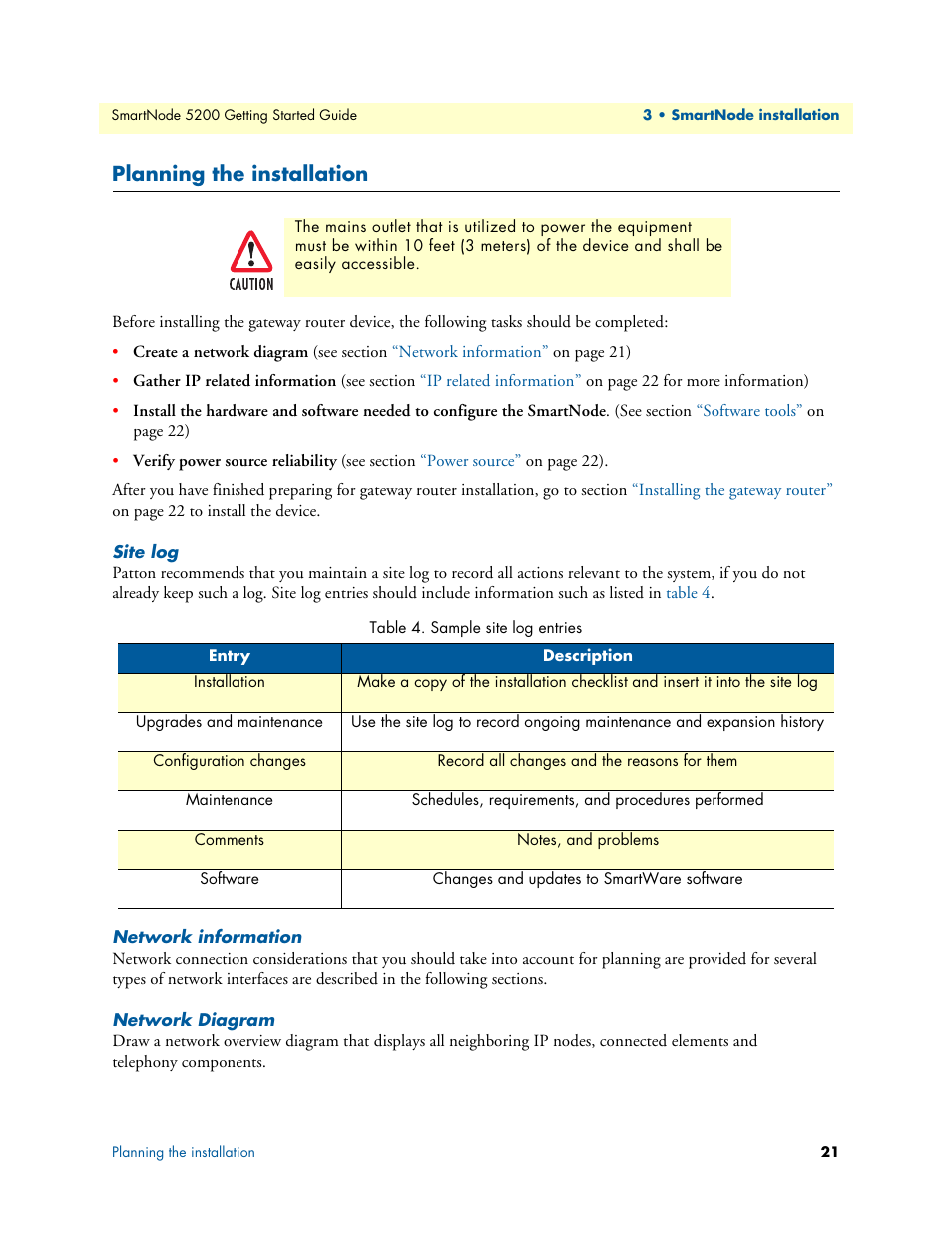 Planning the installation, Site log, Network information | Network diagram, Sample site log entries | Patton electronic SmartNode 5200 User Manual | Page 21 / 50