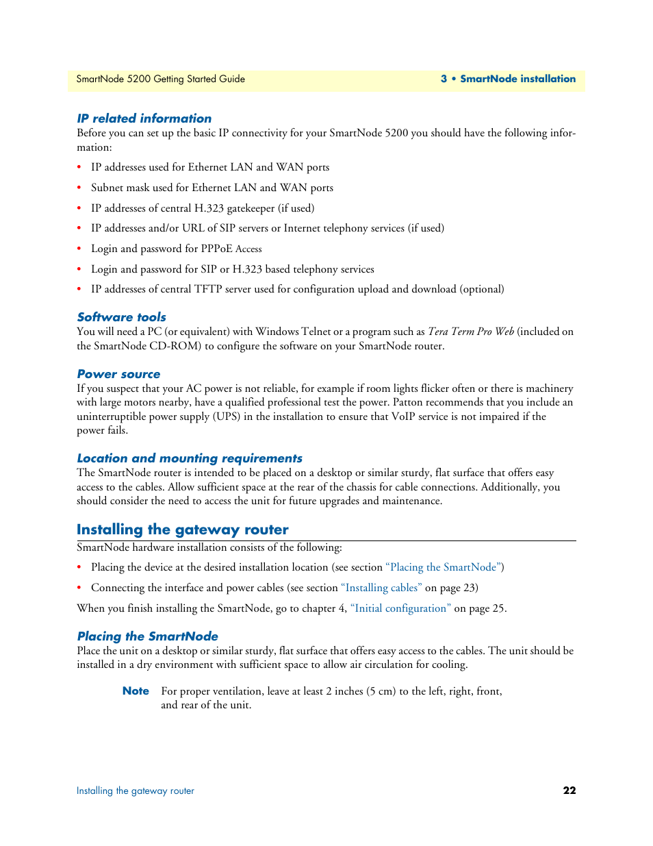 Ip related information, Software tools, Power source | Location and mounting requirements, Installing the gateway router, Placing the smartnode | Patton electronic SmartNode 5200 User Manual | Page 22 / 50