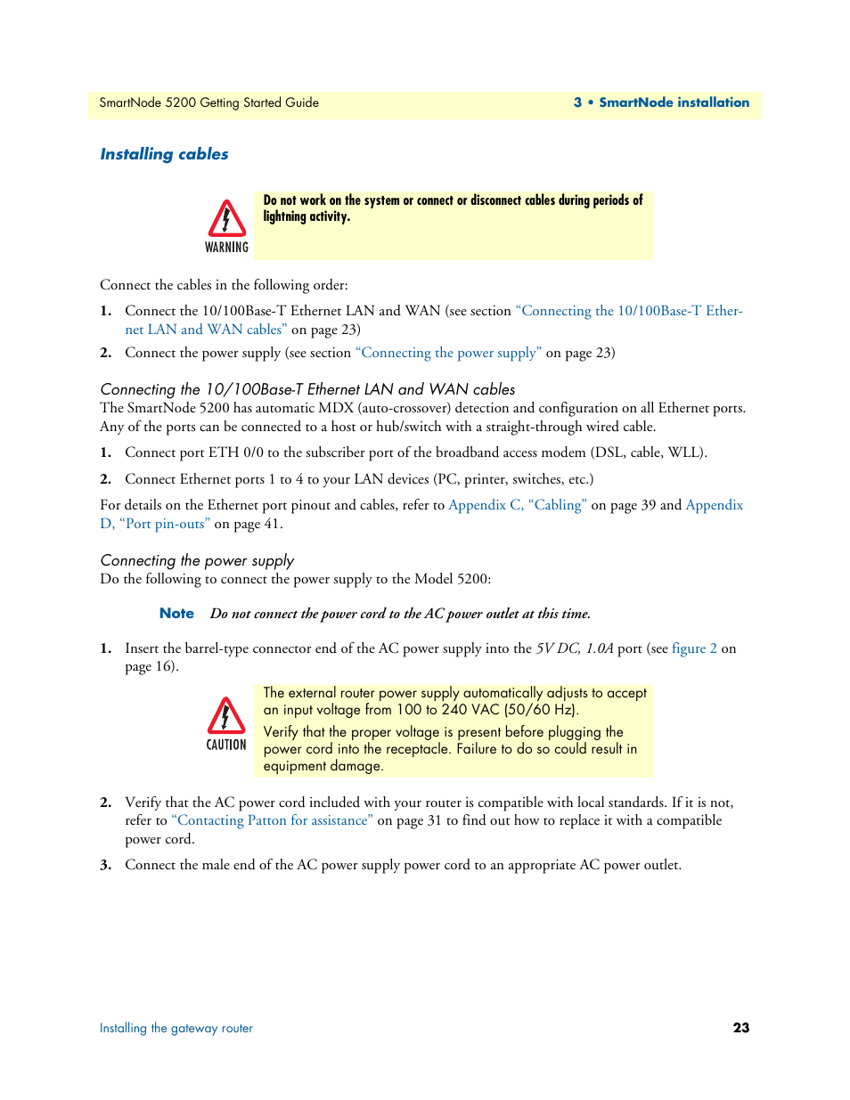 Installing cables, Connecting the power supply | Patton electronic SmartNode 5200 User Manual | Page 23 / 50