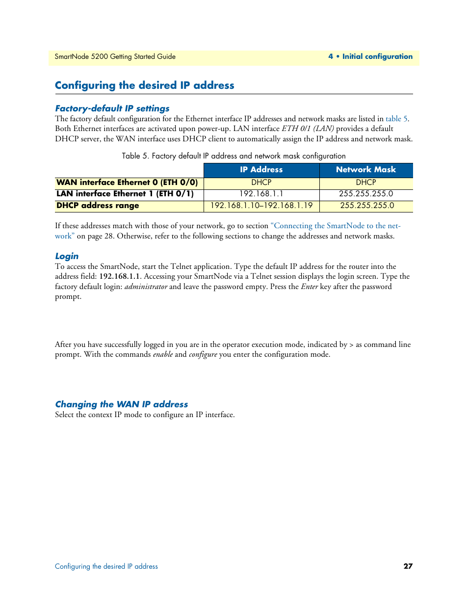 Configuring the desired ip address, Factory-default ip settings, Login | Changing the wan ip address | Patton electronic SmartNode 5200 User Manual | Page 27 / 50