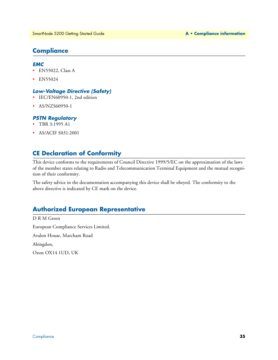 Compliance, Low-voltage directive (safety), Pstn regulatory | Ce declaration of conformity, Authorized european representative | Patton electronic SmartNode 5200 User Manual | Page 35 / 50