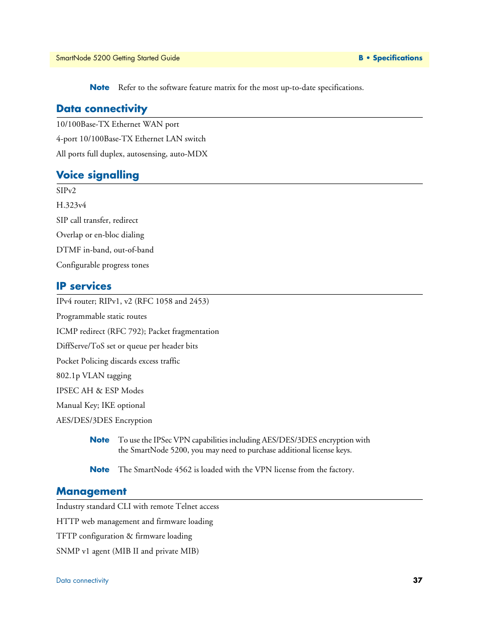 Data connectivity, Voice signalling, Ip services | Management | Patton electronic SmartNode 5200 User Manual | Page 37 / 50