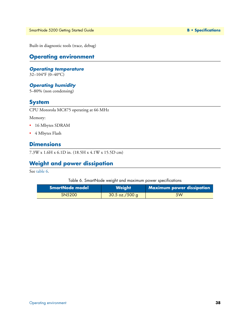 Operating environment, Operating temperature, Operating humidity | System, Dimensions, Weight and power dissipation, Smartnode weight and maximum power specifications | Patton electronic SmartNode 5200 User Manual | Page 38 / 50