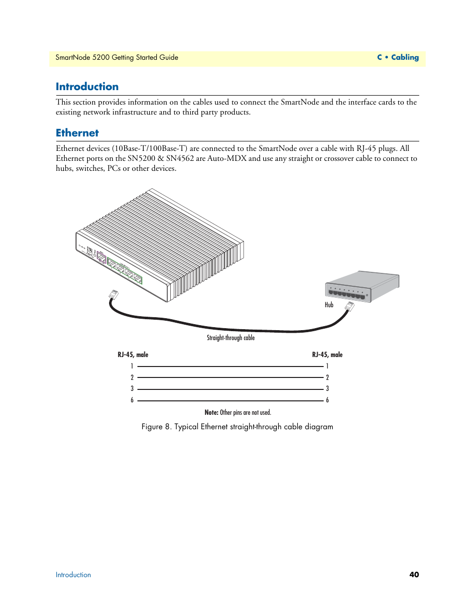 Introduction, Ethernet, Typical ethernet straight-through cable diagram | Patton electronic SmartNode 5200 User Manual | Page 40 / 50