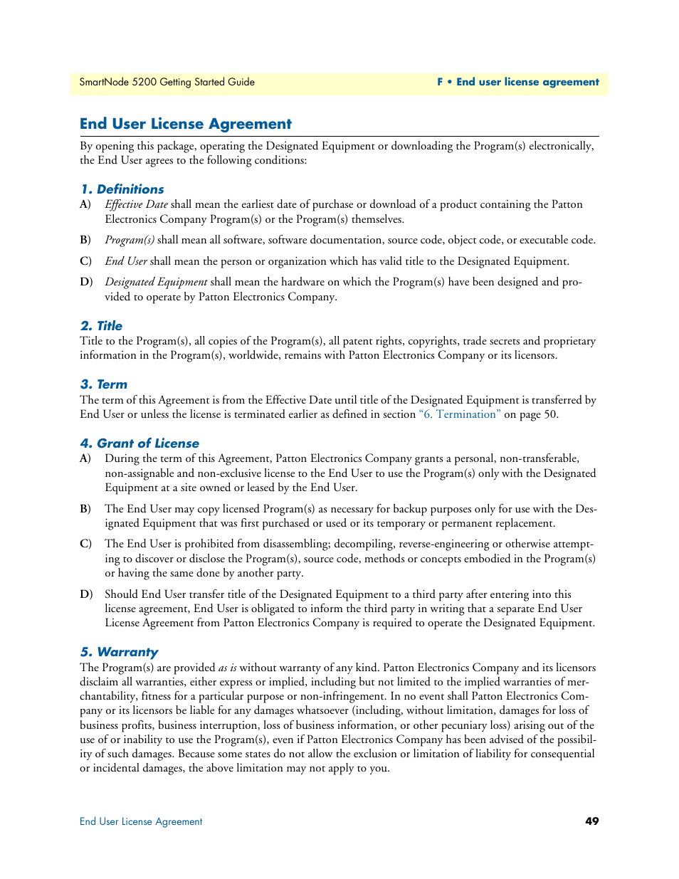 End user license agreement, Definitions, Title | Term, Grant of license, Warranty | Patton electronic SmartNode 5200 User Manual | Page 49 / 50