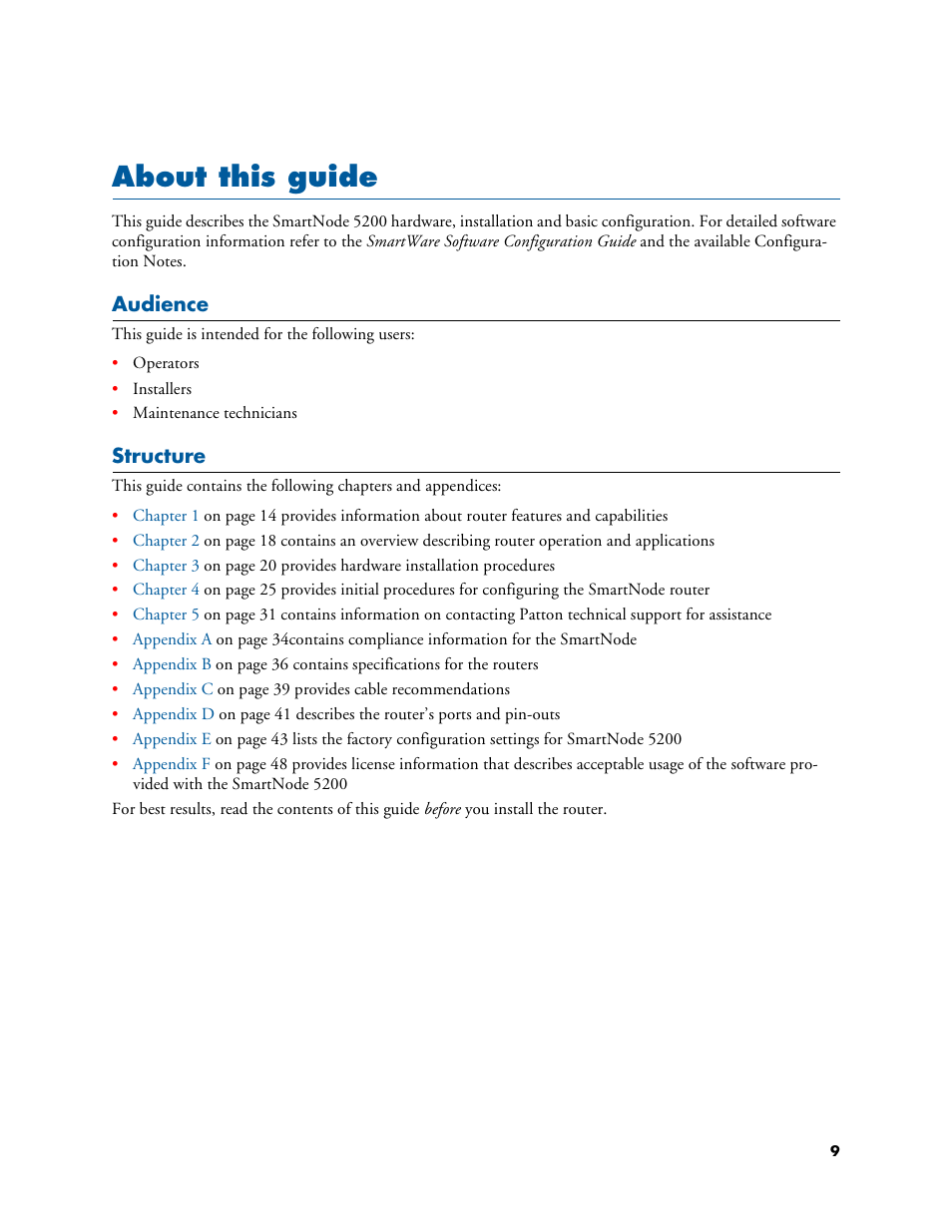 About this guide, Audience, Structure | Patton electronic SmartNode 5200 User Manual | Page 9 / 50
