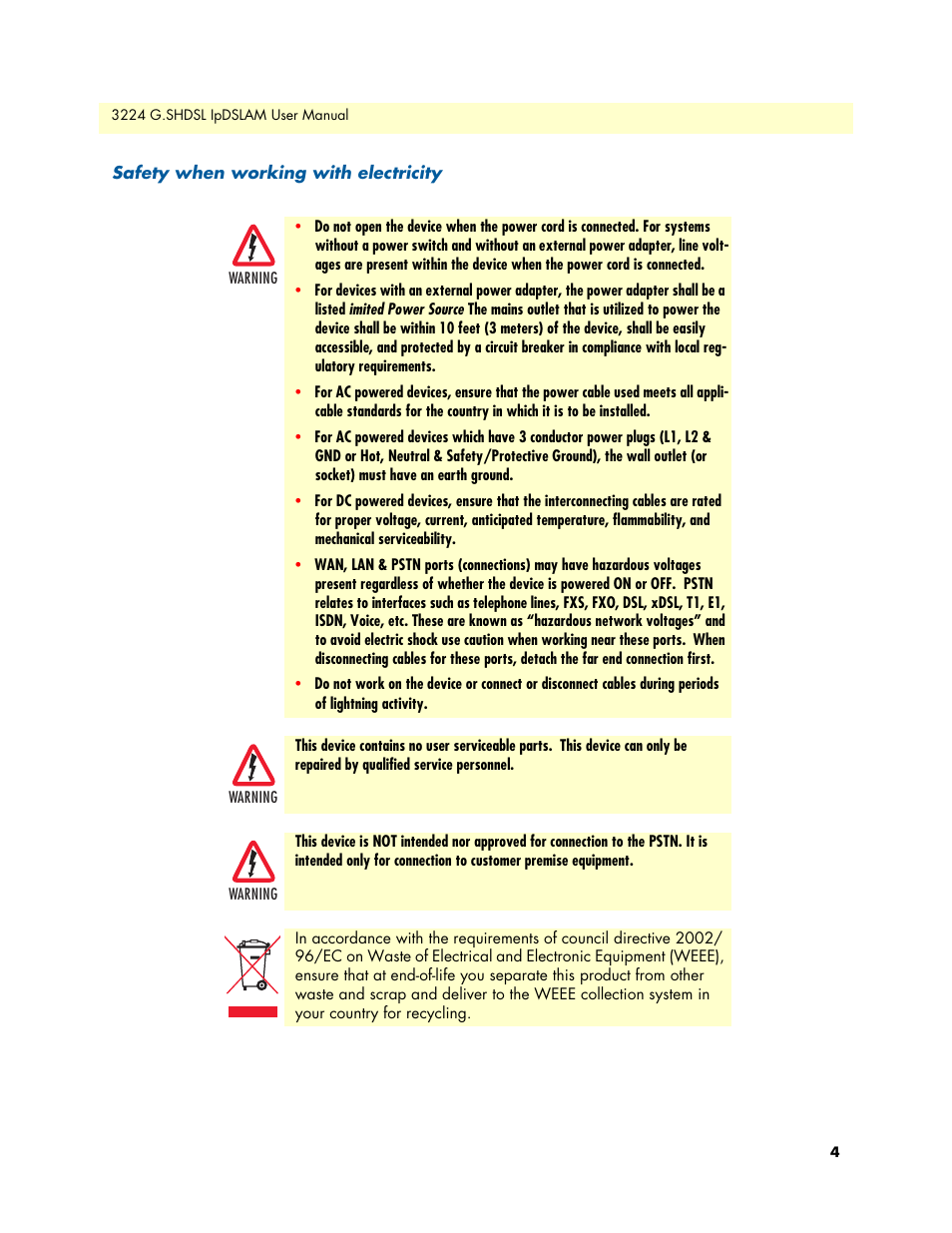 Safety when working with electricity | Patton electronic 3224 User Manual | Page 11 / 52