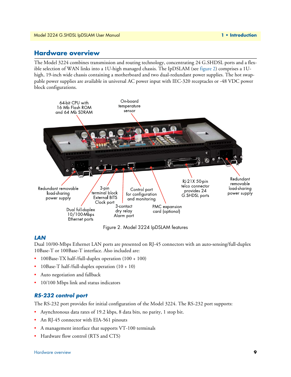 Hardware overview, Rs-232 control port, Model 3224 ipdslam features | Patton electronic 3224 User Manual | Page 16 / 52