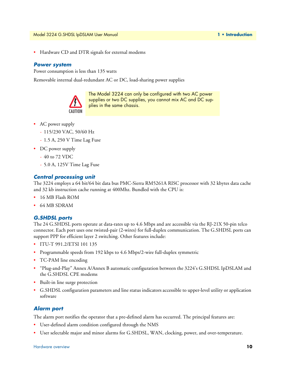 Power system, Central processing unit, G.shdsl ports | Alarm port | Patton electronic 3224 User Manual | Page 17 / 52