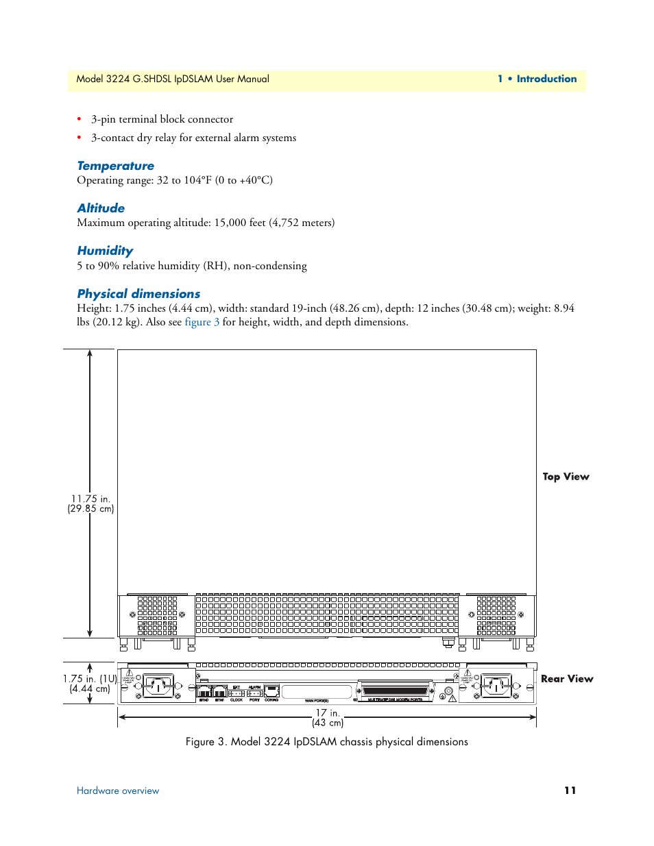 Temperature, Altitude, Humidity | Physical dimensions, Model 3224 ipdslam chassis physical dimensions | Patton electronic 3224 User Manual | Page 18 / 52
