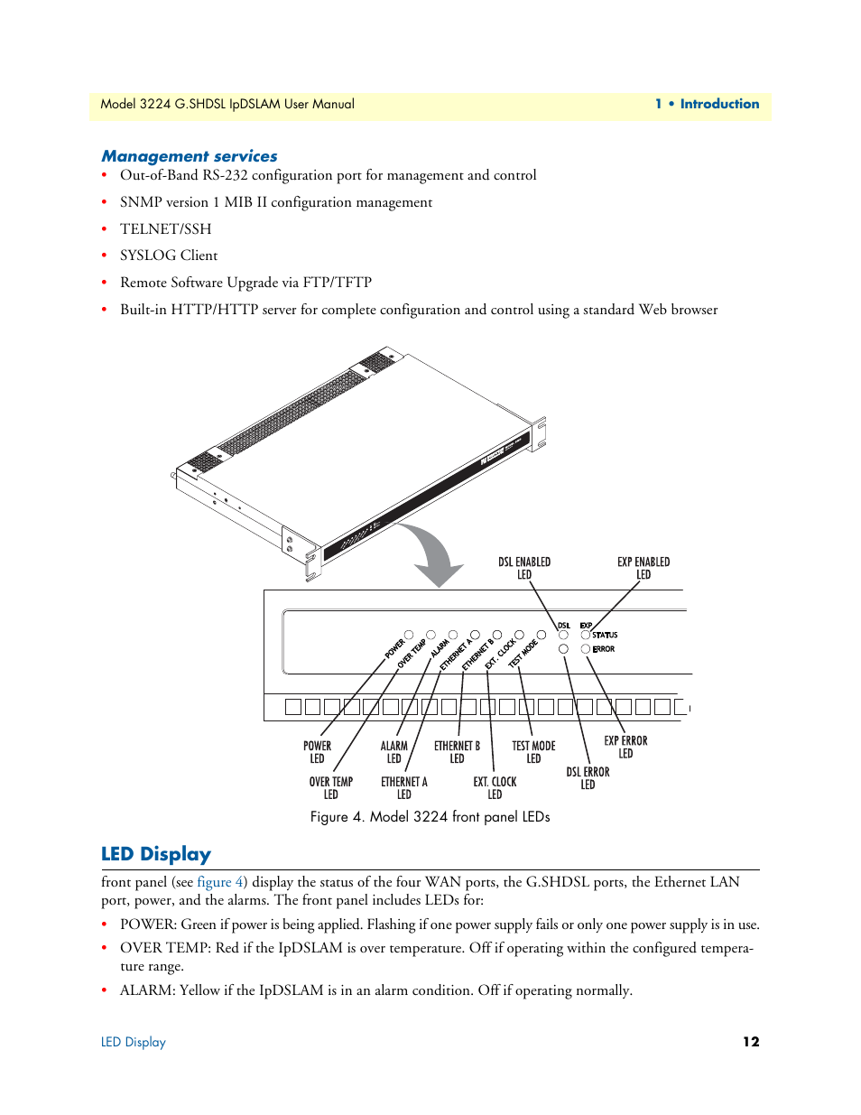 Management services, Led display, Model 3224 front panel leds | Patton electronic 3224 User Manual | Page 19 / 52