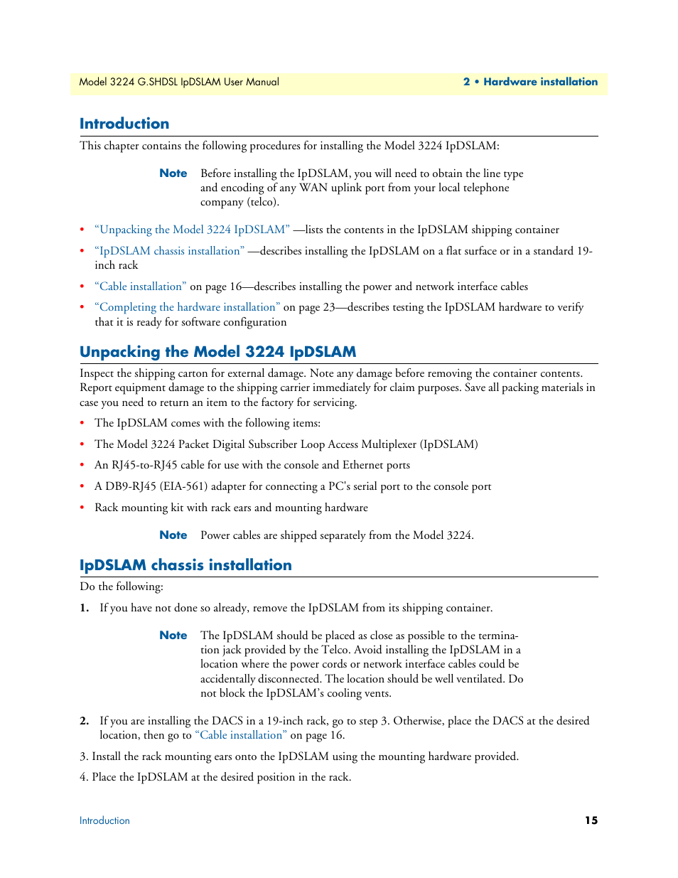 Introduction, Unpacking the model 3224 ipdslam, Ipdslam chassis installation | Patton electronic 3224 User Manual | Page 22 / 52