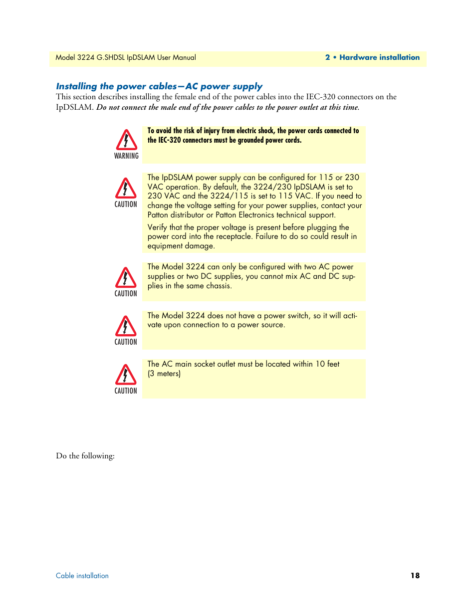 Installing the power cables-ac power supply, Installing the power cables—ac power supply | Patton electronic 3224 User Manual | Page 25 / 52
