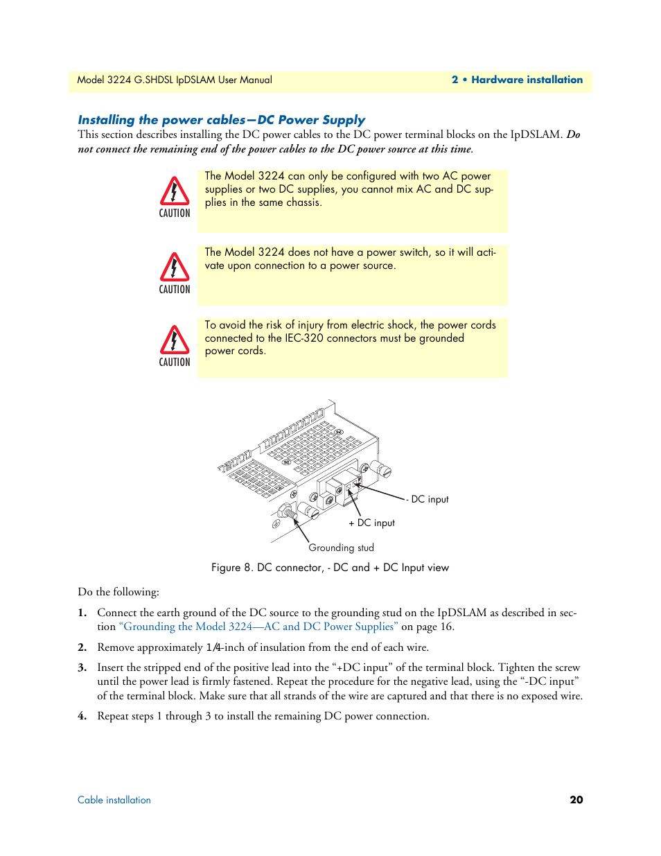 Installing the power cables-dc power supply, Installing the power cables—dc power supply, Dc connector, - dc and + dc input view | Patton electronic 3224 User Manual | Page 27 / 52