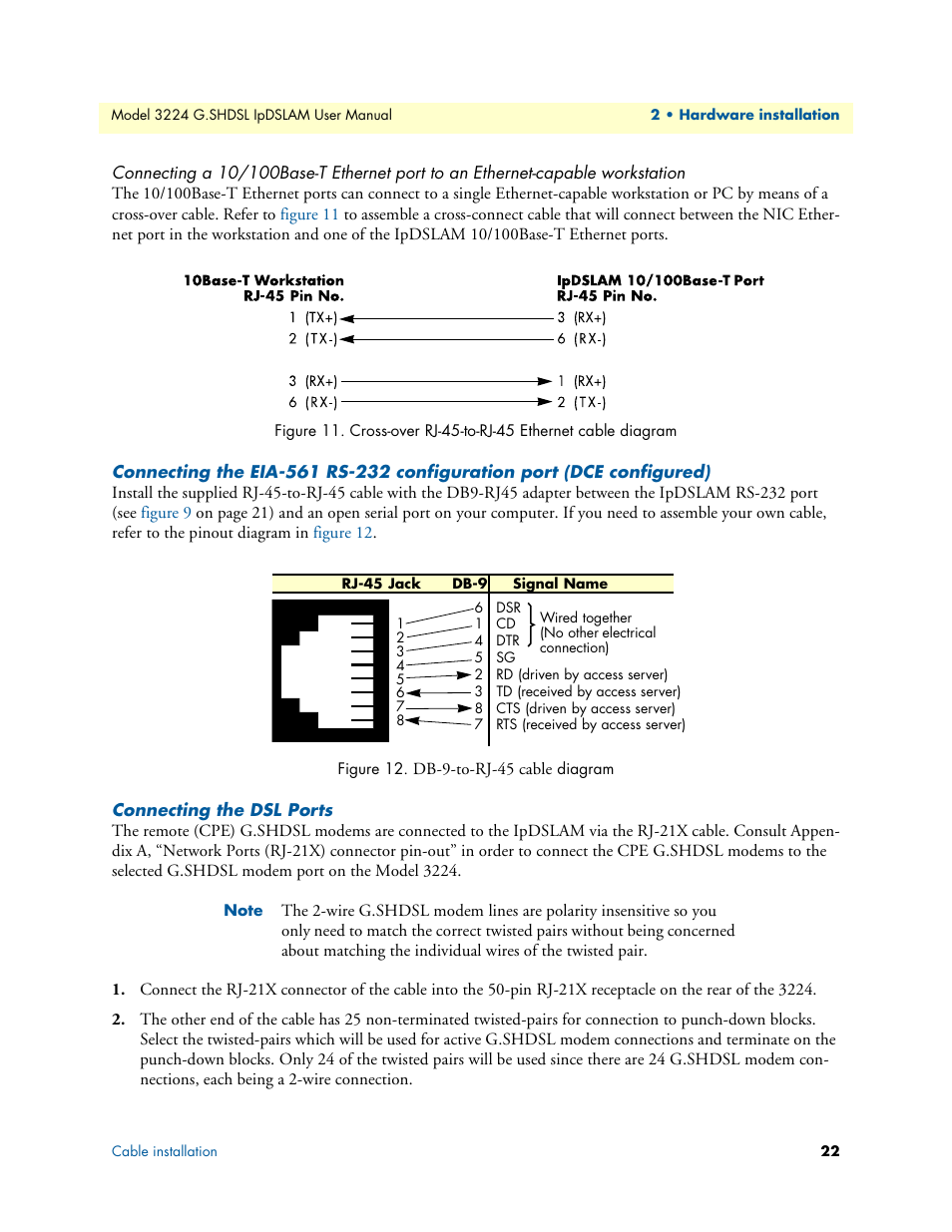Connecting the dsl ports, Cross-over rj-45-to-rj-45 ethernet cable diagram, Db-9-to-rj-45 cable diagram | Patton electronic 3224 User Manual | Page 29 / 52