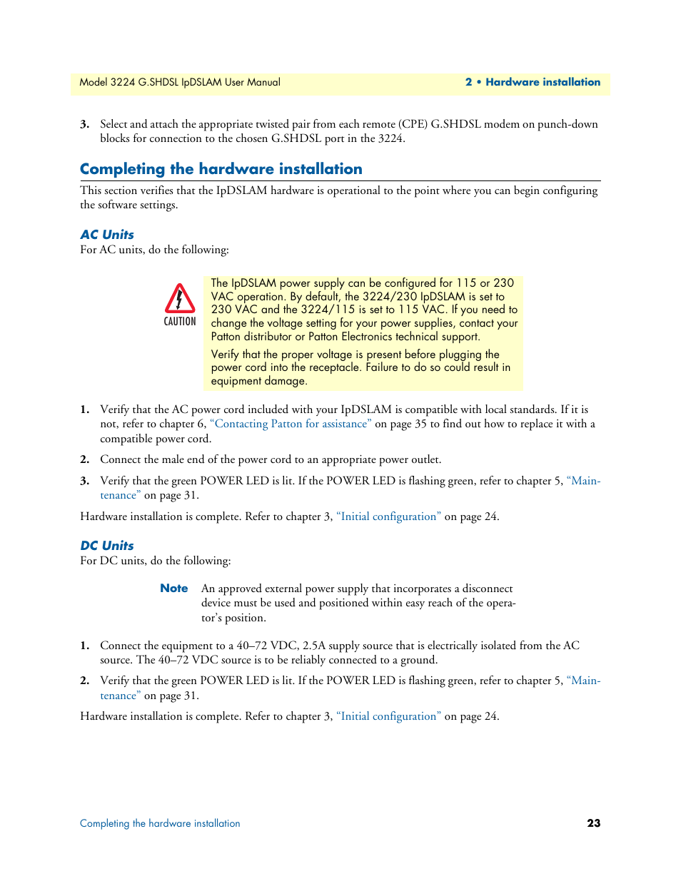 Completing the hardware installation, Ac units, Dc units | Patton electronic 3224 User Manual | Page 30 / 52