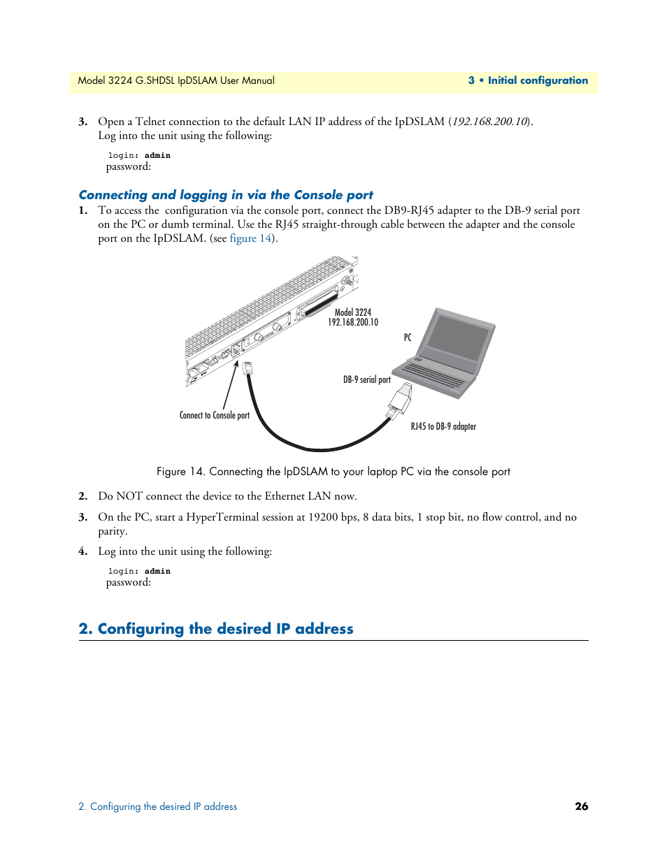Connecting and logging in via the console port, Configuring the desired ip address | Patton electronic 3224 User Manual | Page 33 / 52