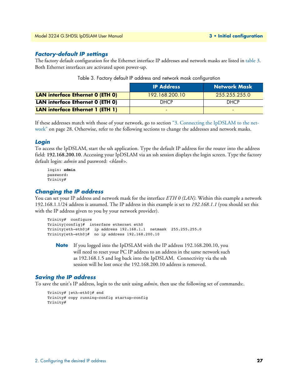 Factory-default ip settings, Login, Changing the ip address | Saving the ip address | Patton electronic 3224 User Manual | Page 34 / 52