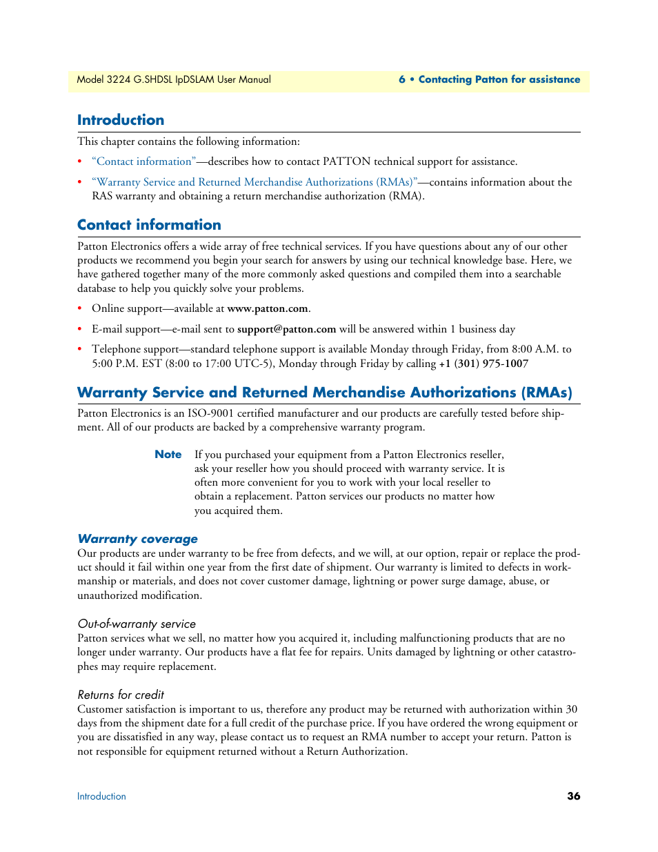 Introduction, Contact information, Warranty coverage | Out-of-warranty service, Returns for credit | Patton electronic 3224 User Manual | Page 43 / 52