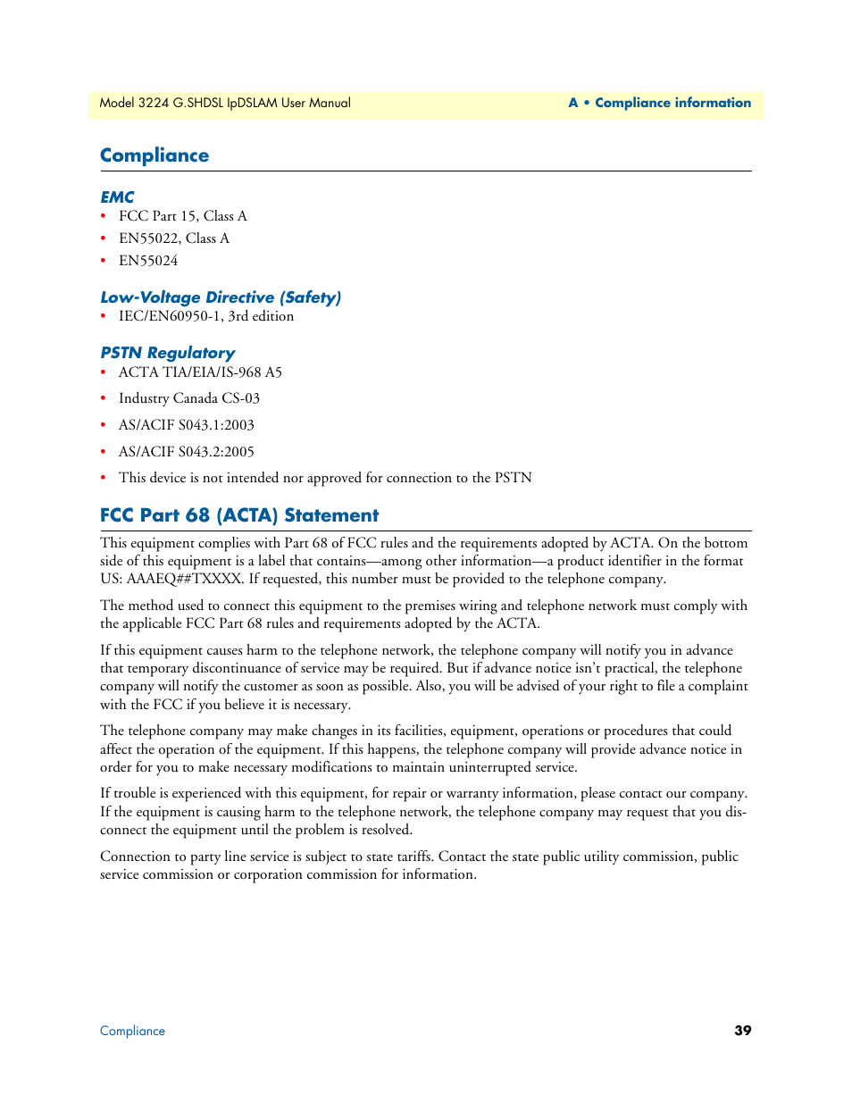 Compliance, Low-voltage directive (safety), Pstn regulatory | Fcc part 68 (acta) statement | Patton electronic 3224 User Manual | Page 46 / 52