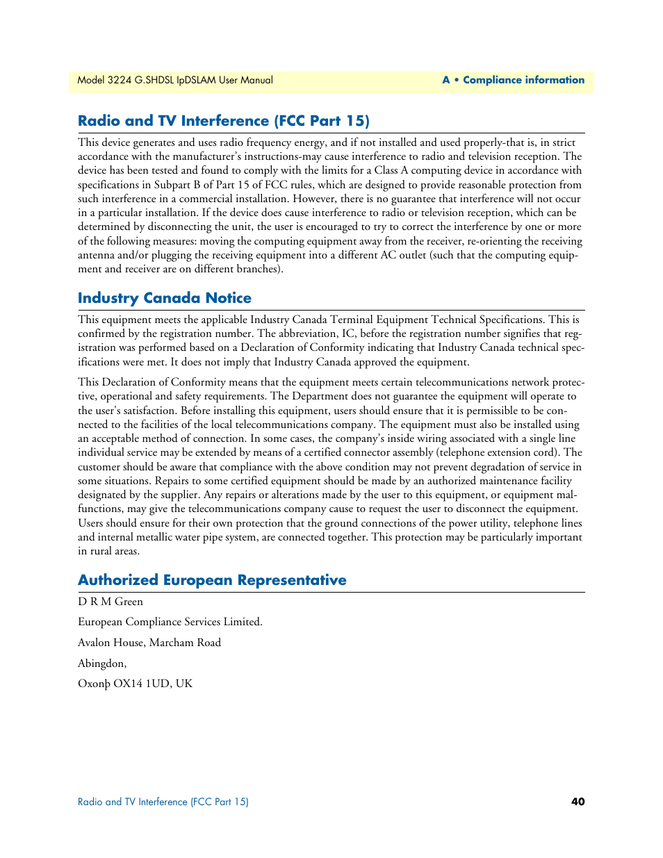 Radio and tv interference (fcc part 15), Industry canada notice, Authorized european representative | Patton electronic 3224 User Manual | Page 47 / 52