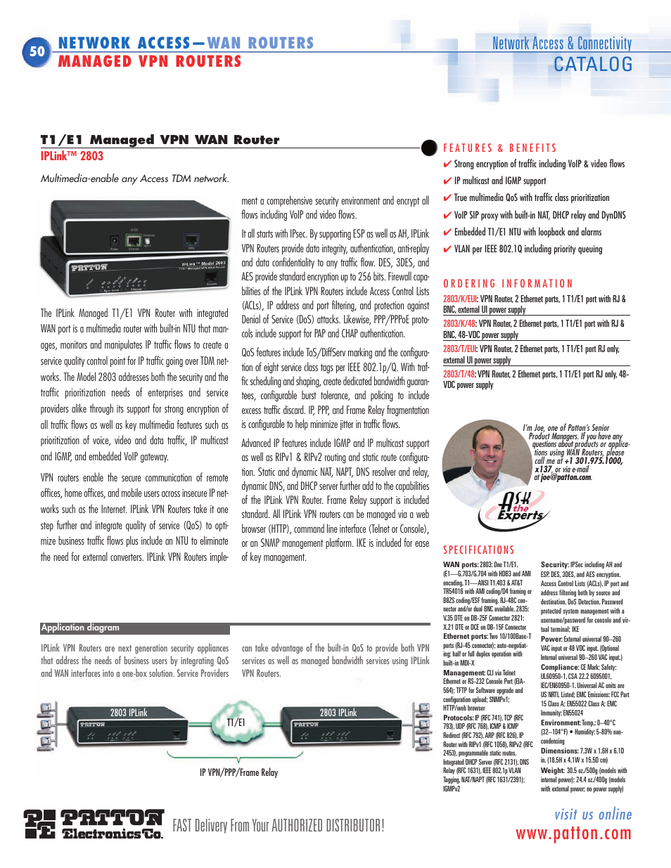 1 t1/e1, Integrated t1/e1 vpn wan access device, Integrated vpn wan access device t1/e1 | Integrated t1/e1 vpn, Wan access device, Managed t1/e1 vpn routers, Managed vpn routers and inverse multiplexers, Secure managed service, Multimedia ip demarc, Model 2803 | Patton electronic ACC-S02 User Manual | Page 11 / 16