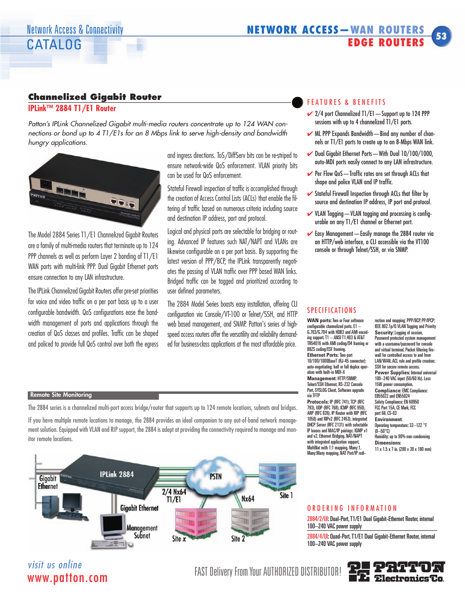 2 gigabit ethernet, 2/4 t1/e1, T1/e1 channelized gigabit edge router | Multi-port t1/e1 channel, Ized gigabit edge router, Channelized gigabit router, Remote site monitoring, Catalog, Fast delivery from your authorized distributor, Network access & connectivity | Patton electronic ACC-S02 User Manual | Page 14 / 16