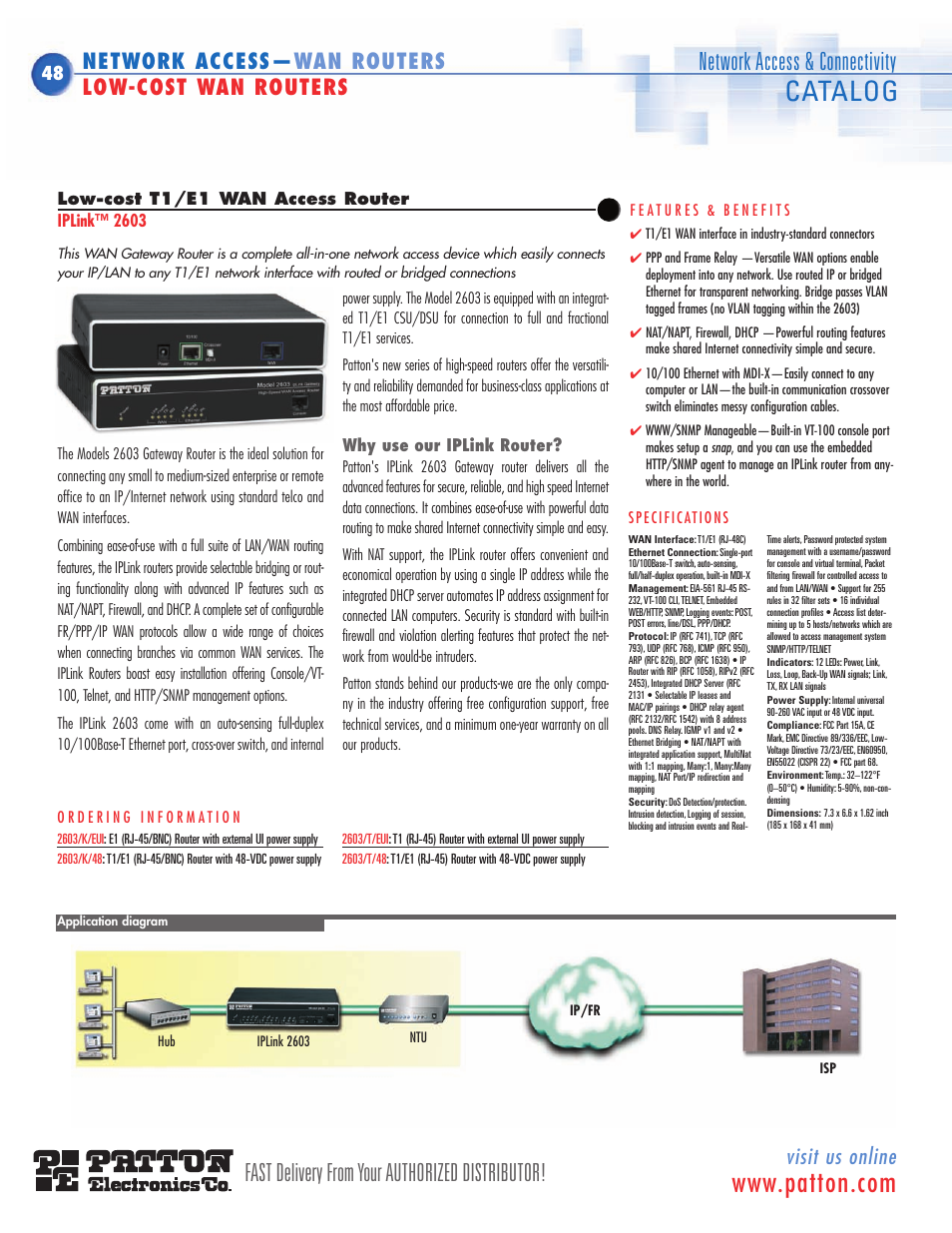 Low-cost single port t1/e1 access router, 1 t1/e1, Single-port t1/e1 access router | T1/e1 wan access router, Low-cost network access, Model 2603, Catalog, Fast delivery from your authorized distributor, Network access & connectivity, Visit us online | Patton electronic ACC-S02 User Manual | Page 9 / 16