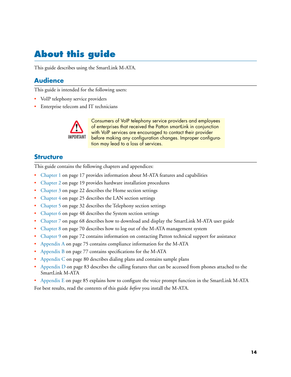 About this guide, Audience, Structure | Patton electronic Patton SmartLink M-ATA User Manual | Page 14 / 86