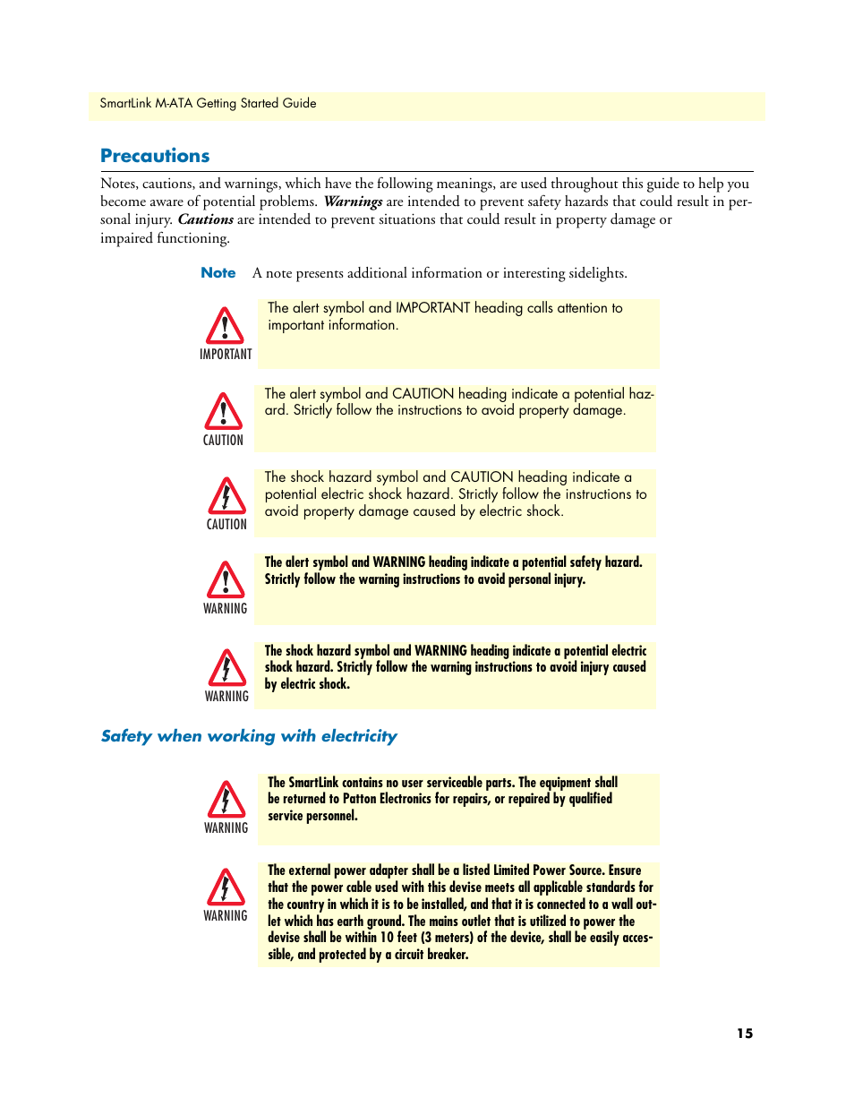 Precautions, Safety when working with electricity | Patton electronic Patton SmartLink M-ATA User Manual | Page 15 / 86